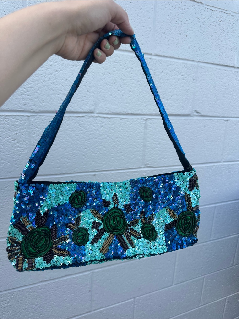 Vintage Unique Sequin Embroidered Blue-Green Evening Shoulder Bag mini bag